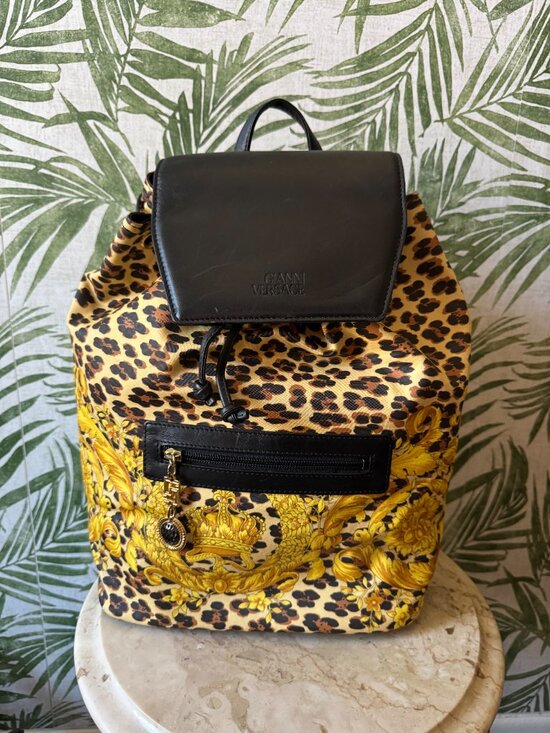 Vintage Gianni Versace Leopard & Baroque Crown Drawstring Backpack